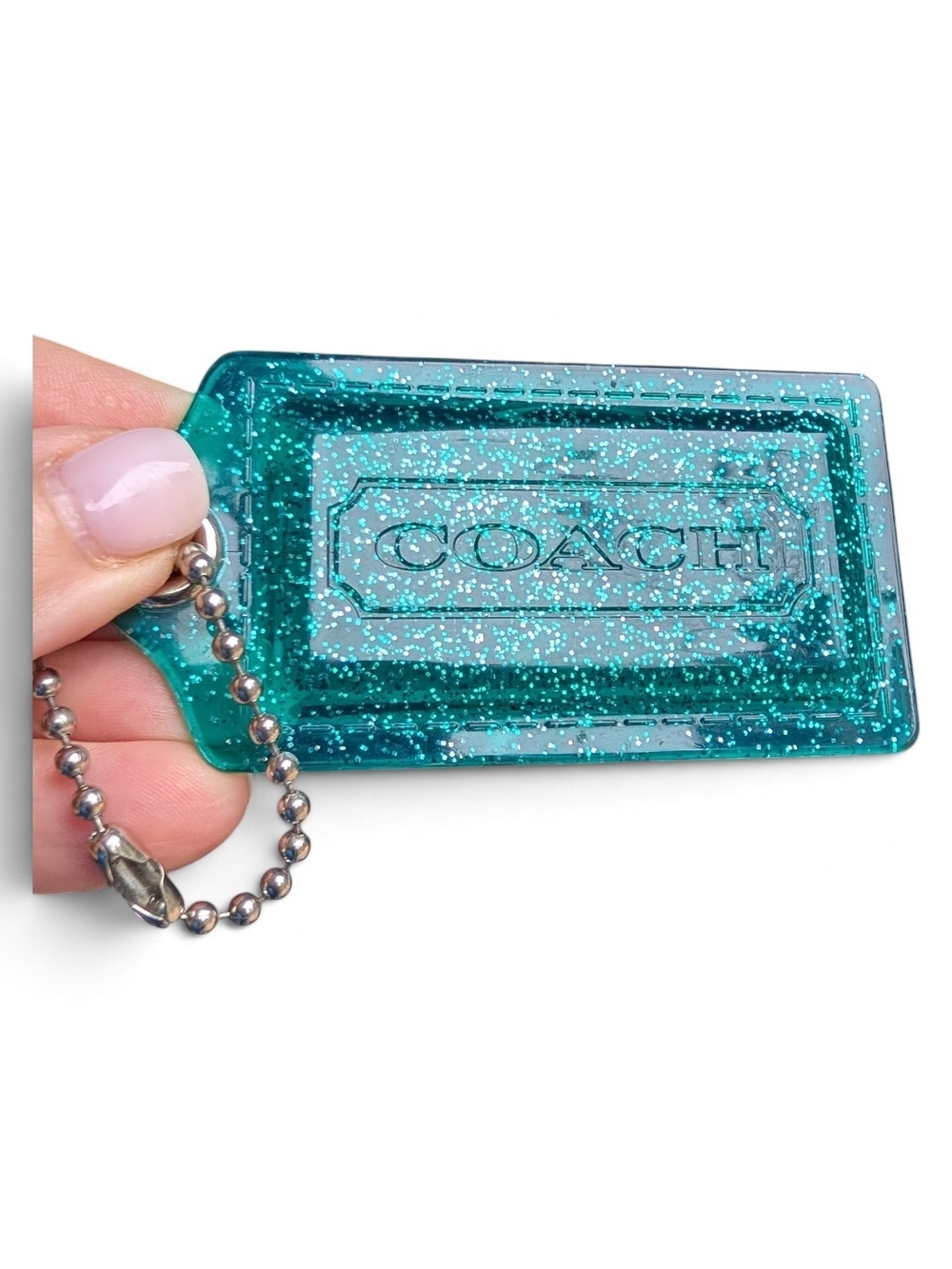 Rare Coach Poppy Chan Goldie Aqua Glitter XL 3.5" Acrylic Hangtag Charm